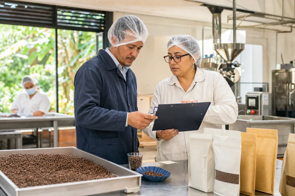 Equipo de calidad revisando un proceso de producción de café y alimentos