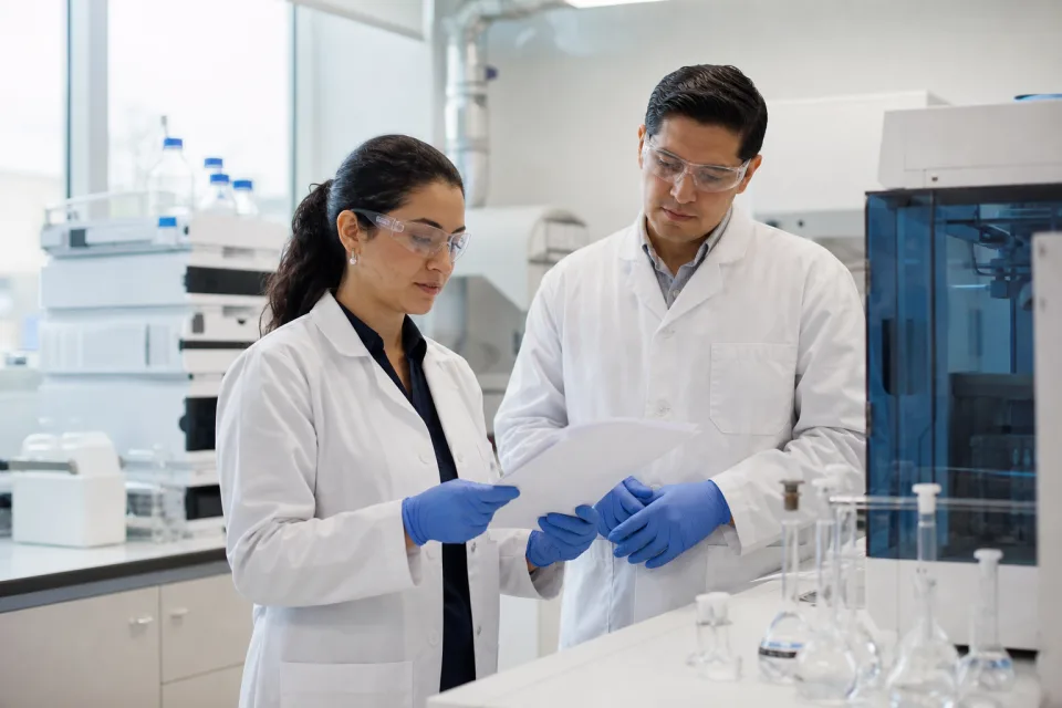 Profesionales revisando documentación de calidad en un laboratorio farmacéutico