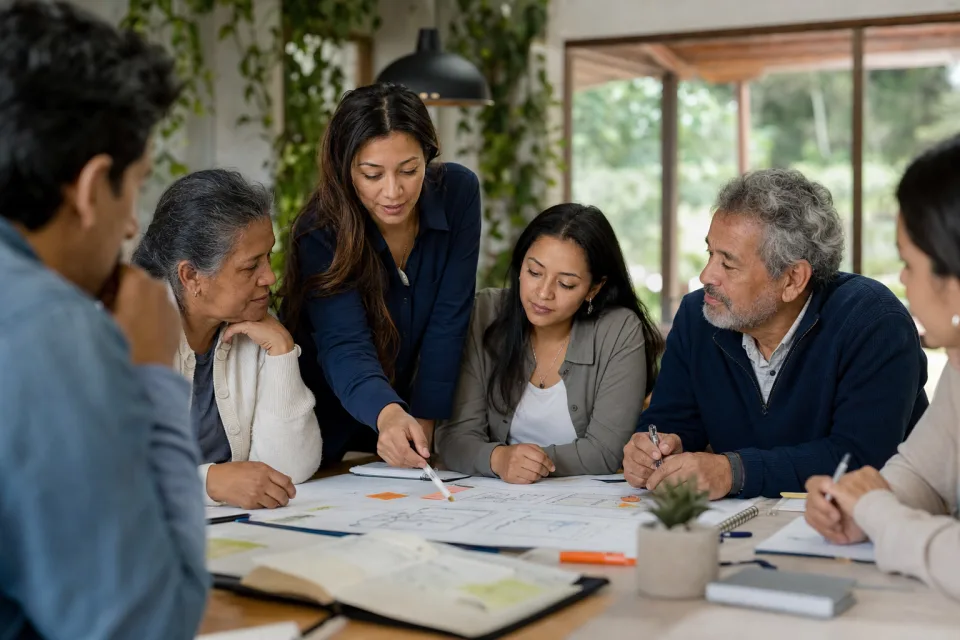 Equipo de una fundación construyendo un plan con representantes de la comunidad
