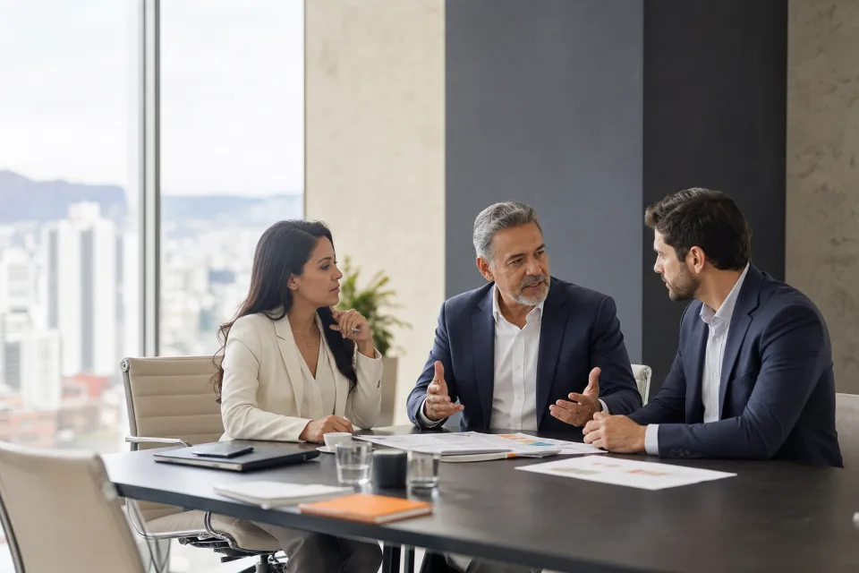 Equipo directivo en una reunión de consultoría empresarial