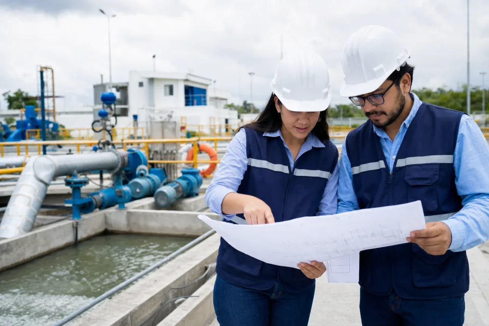 Profesionales revisando planos en una instalación de ingeniería hidráulica
