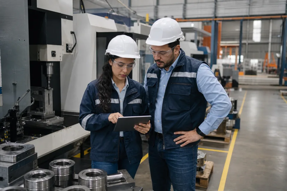 Equipo de ingeniería revisando un proceso en una planta metalmecánica