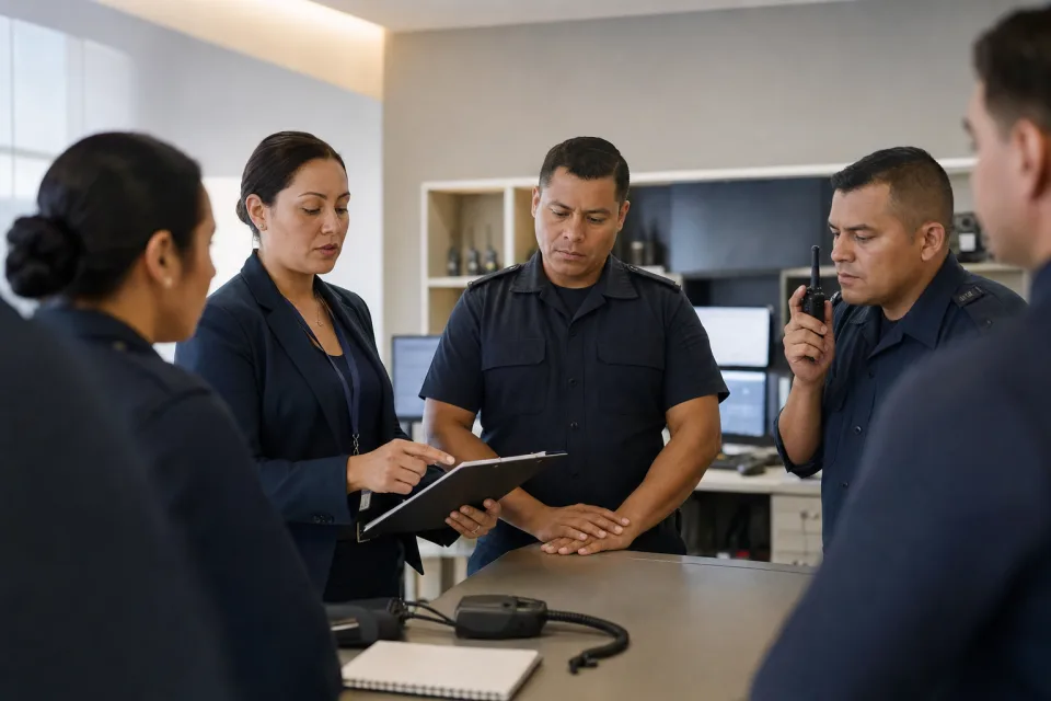 Equipo de seguridad privada participando en una reunión de cumplimiento