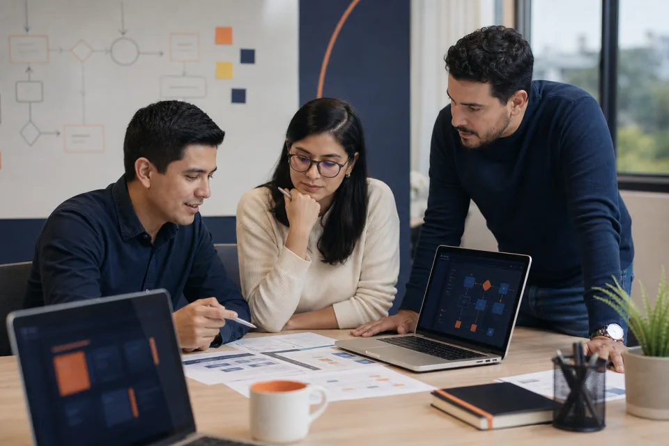 Equipo de tecnología revisando procesos y documentación técnica