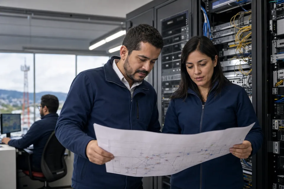 Profesionales coordinando infraestructura en un centro de telecomunicaciones