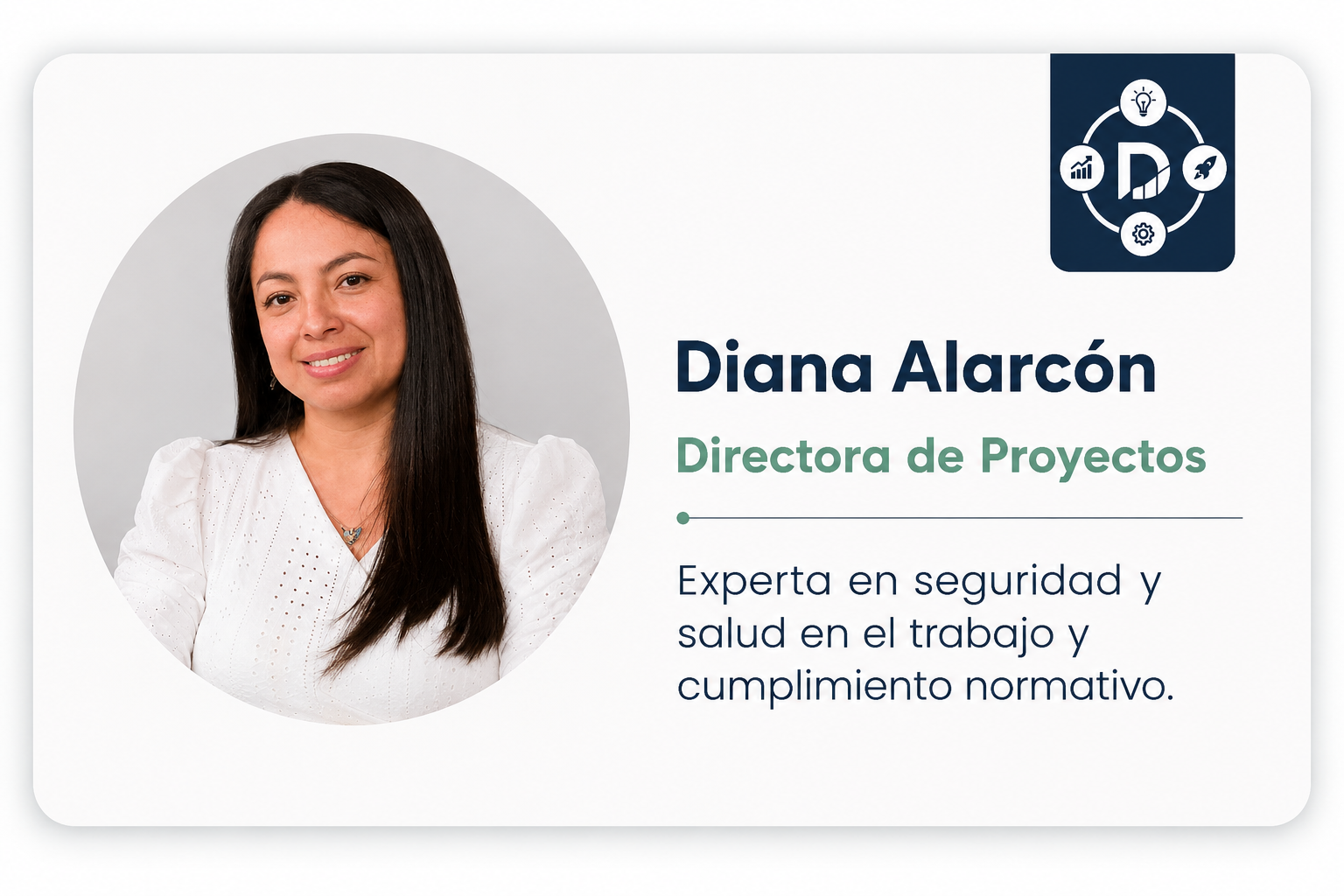 Tarjeta de presentación de Diana, integrante del equipo de Dira Asesores